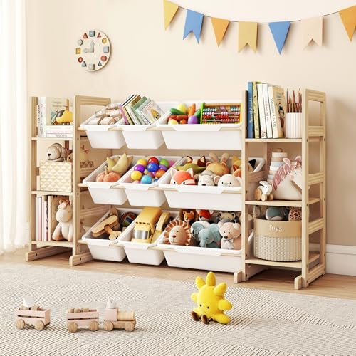 Toy Storage Organizer, Kids Bookshelf with 6 Shelves, 9 Toy Bins | Toy Shelf, Storage Bin Unit, Toy Organization for Playroom, Nursery, Bedroom, Toddler Room, White, 52''W