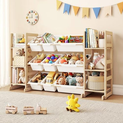 Toy Storage Organizer, Kids Bookshelf with 6 Shelves, 9 Toy Bins | Toy Shelf, Storage Bin Unit, Toy Organization for Playroom, Nursery, Bedroom, Toddler Room, White, 52''W