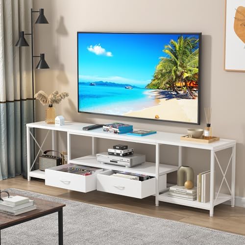 GYIIYUO TV Stand with Fabric Drawer for 65 70 75 Inches TV - Entertainment Center and Industrial TV Console Table with Open Storage Shelves for Living Room, Bedroom - 63" White