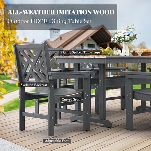 HDPE Outdoor Dining Set,6-Piece Outdoor Table and Chairs Include 4 Dining Chairs and 2 Pcs 62.5" Patio Dining Table with Umbrella Hole (Gray)