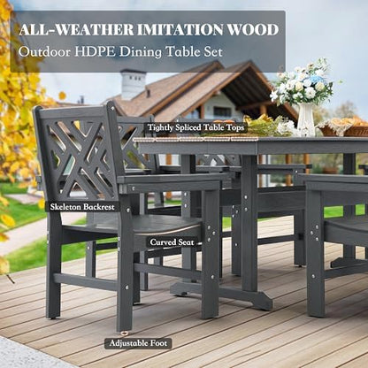 HDPE Outdoor Dining Set,6-Piece Outdoor Table and Chairs Include 4 Dining Chairs and 2 Pcs 62.5" Patio Dining Table with Umbrella Hole (Gray)