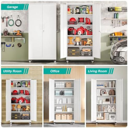 SISESOL 75" Tall White Metal Storage Cabinet with Wheels and Shelves