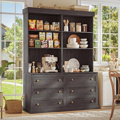 Vyre 71" Farmhouse Kitchen Pantry Cabinet Set of 2, Black Freestanding Coffee Bar Hutch with Drawers & Adjustable Shelves, Large Storage Cabinet with Microwave Stand for Kitchen