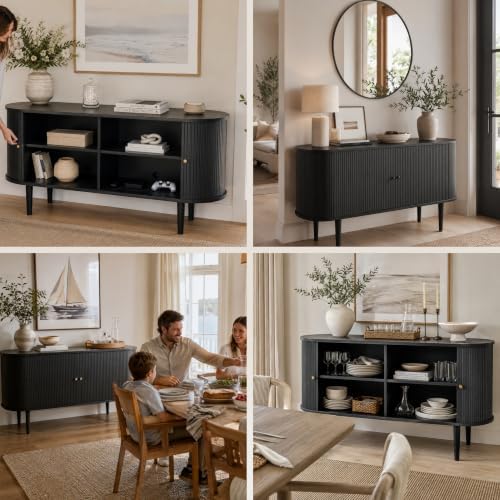 55'' Fluted Sideboard Buffet Cabinet with Sliding Doors and Adjustable Shelves for Dining Room, Living Room, Entryway. Mid Century Modern Fluted Cabinet with Storage (Black Oak)