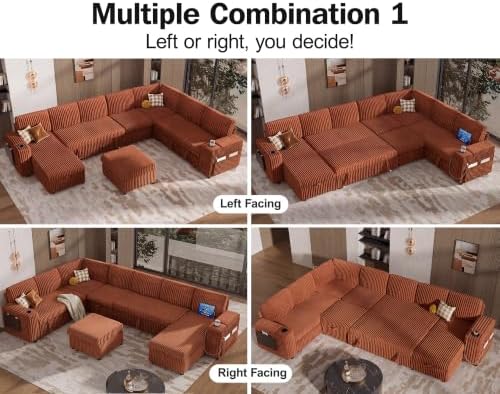 Vipbear 130" Modular Sectional Sleeper Sofa with Pull Out Bed, 9 Seat Corduroy L Shaped Couch with Ottoman and Chaise|USB Ports|Cup Holders|Side Table, Tool Free Assembly, Orange