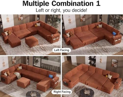 Vipbear 130" Modular Sectional Sleeper Sofa with Pull Out Bed, 9 Seat Corduroy L Shaped Couch with Ottoman and Chaise|USB Ports|Cup Holders|Side Table, Tool Free Assembly, Orange