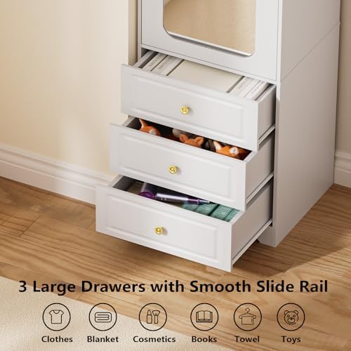 Armoire Wardrobe Closet, Updated 15.7" W White Bedroom Armoires Cabinet with Mirror Door and 3 Drawers, 69.5" H Clothing Storage Cabinet with Hanging Rod & Sensor Light for Bedroom-Left