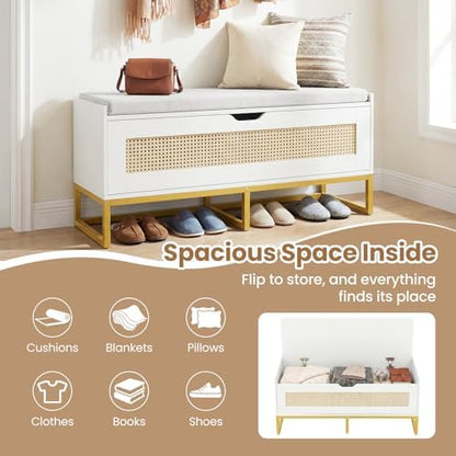 GIANTEX Rattan Shoe Bench, Flip-Top Entryway Bench with Removable Padded Seat & Hidden Storage, Wooden Shoe Storage Chest with Metal Legs for Bedroom, Hallway, 440 lbs Max Load (White & Gold)