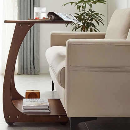 COZYMATIC Emerson Solid Wood End Table with Rolling Wheels, C Shaped Side Table, TV Tray Table, Couch Table that Slide Under for Small Space, Living Room, Bedroom (Walnut)-Large