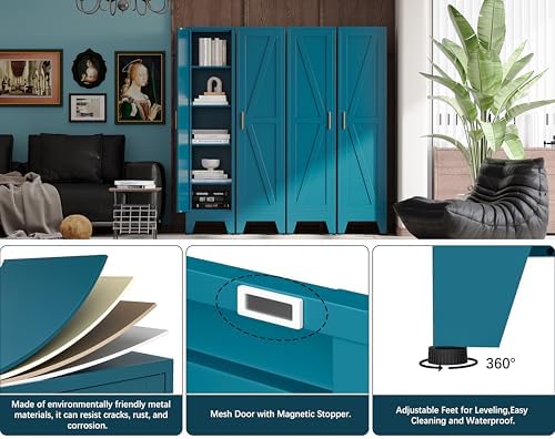 67“H Blue Narrow Kitchen Cabinet, Metal Skinny Pantry Storage Cabinet,Tall Narrow Bathroom Storage Cabinet with Adjustable Shelves,Slim and Thin Pantry Cabinets for Living Room Dining Room