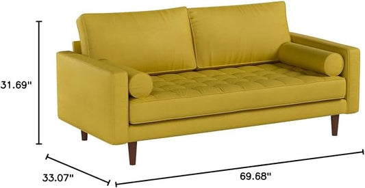 Container Furniture Direct S5459 Mid Century Modern Velvet Upholstered Tufted Living Room Sofa, 69.68" Goldenrod