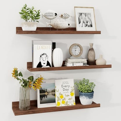 Picture Ledge Shelf, 24 Inch Walnut Floating Shelves Set of 3
