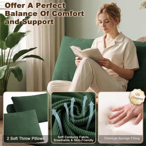Folding Sofa Bed, 3-in-1 Convertible Sleeper Chair Bed with Pillows, Foldable Boneless Couch with High-Density Foam, Futon Floor Couch for Living Room Bedroom Lounge, Loveseat, Green