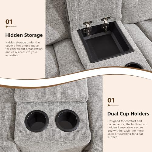 HAOMARKETS 2-Piece Manual Recliner Loveseat Sofa Set, Breathable Fabirc2-Seater Set of 2 for Adults, Overstuffed Reclining Couches with Cup Holders and Center Console for Living Room, Light Grey