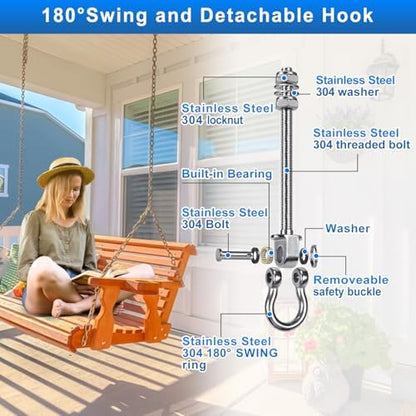 4Pcs Heavy Duty Swing Hangers with Bearings Swing Hooks for Wood & Metal Beams Stainless Steel Swing Hardware Bolts for Hanging Hammocks Chair, Yoga Swings, Porch Swing 5" X M2/5", 1500LB Capacity