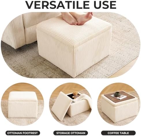 Cube Storage Ottoman, Ottoman Footstool with Removable Lid, Chenille Ottoman Foot Stools, Storage Ottoman for Chair, Multi-Functional Footrest, Corduroy Beige