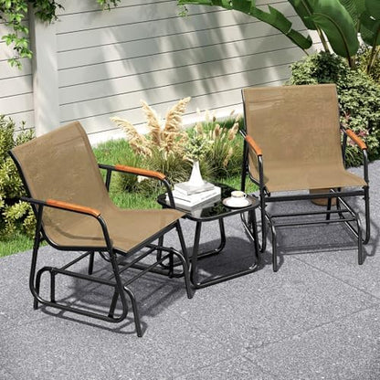 GIANTEX 3-Piece Outdoor Glider Set, 2-Pack Rocking Chairs with Small Tempered Glass Coffee Table, Metal Frame, Porch Rocker, Patio Bistro Set for Outside, Garden, Backyard, Balcony, Brown