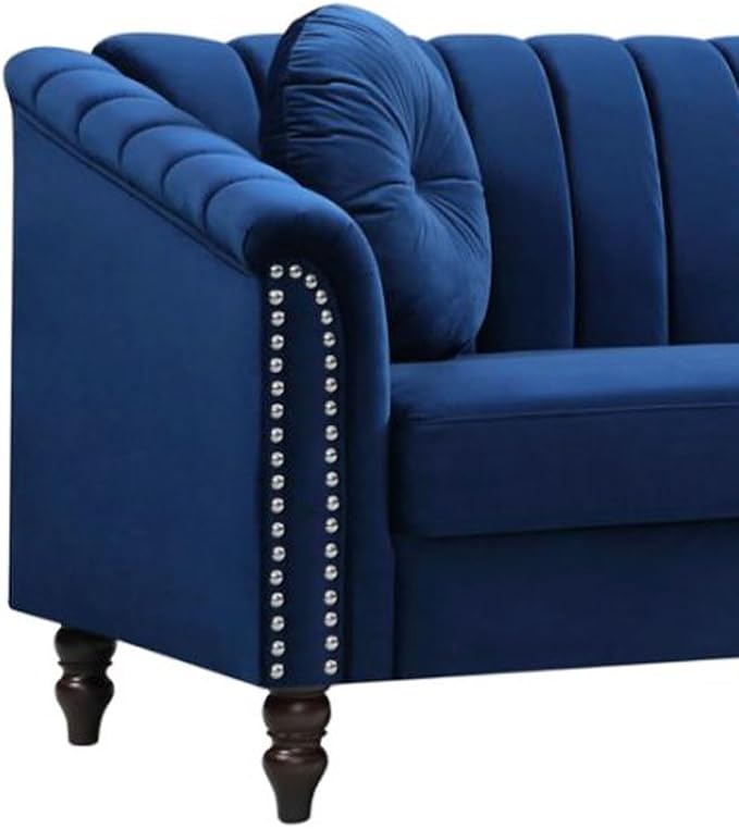 Sectional Sofa Set, Microfiber Chesterfield Upholstered Sofas Loveseat Couch Chair Sets with Style Button Tufted, Scroll Arms and Nailhead for Living Room, Office, Apartment, Blue,S