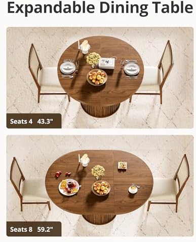43"-59" Extendable Round Dining Table with Hidden Storage, Modern Wooden Kitchen Table with Fluted Sliding Door Cabinet, Oval Dining Table for Dining Room Living Room, Walnut