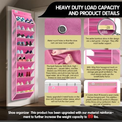 Kotkn 10 Tier Over The Door Organizer - Heavy Duty Hanging Storage Rack with Sturdy Oxford Fabric, Holds 20+ Pairs of Footwear, Boots & Sneakers, Saves 50% Closet Space! (Pink)