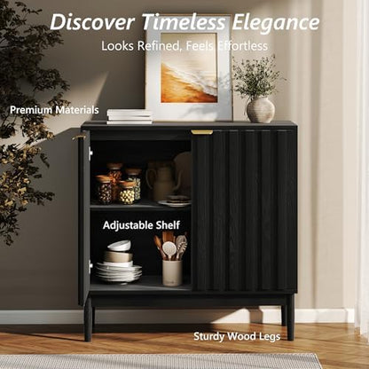 Fluted Buffet Cabinet with Storage, Small Accent Cabinet, Black