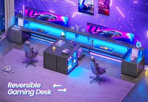 SEDETA 78.7” Large L Shaped Gaming Desk with Drawers, LED Light