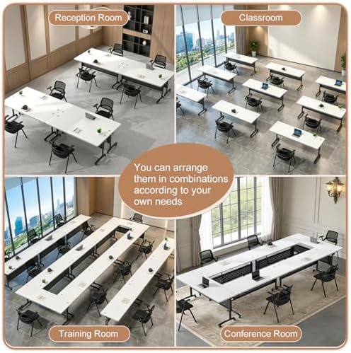 Conference Table, Folding Conference Room Tables with Wheels, Modular Flip Top Nesting Training Table, Modern Rolling Meeting Stackable Tables for Mobile Office Boardroom Classroom, White 4Pack