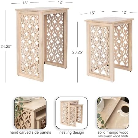 Kate and Laurel Karni Modern Mango Wood Living Room Nesting Tables, Set of 2, Whitewash, Decorative Coastal Solid Wood End Tables for Use as Bedroom Nightstands or Entryway Decor Accents