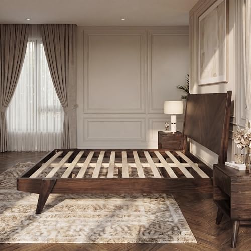Gazelle Solid Acacia Wood King Size Bed Frame with Headboard, Walnut Finish