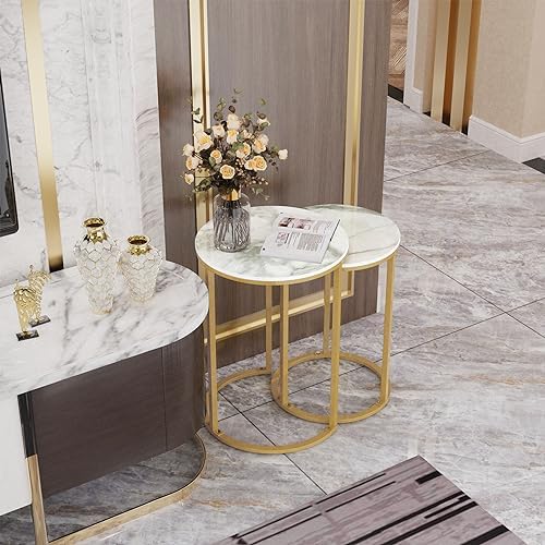 Wisfor Round Nesting Coffee Table: Set of 2 White Sintered Stone Stacking Side Table with Golden Metal Frame - Small Sofa End Table for Living Room Bedroom, 15.7x21.5 (13.8x19.7)