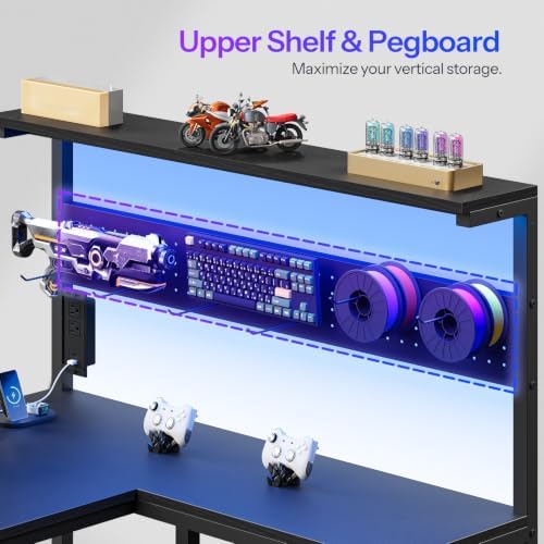 HOOBRO Computer Desk, L Shaped Desk with LED Lights and Power Outlet