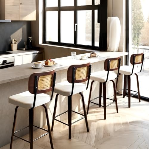 VINGLI Modern Bar Stool 26" H, PU Leather with Rattan Back, 360° Swivel, Solid Wood Legs Barstools for Kitchen Island & Home Bar, White 2 Pack