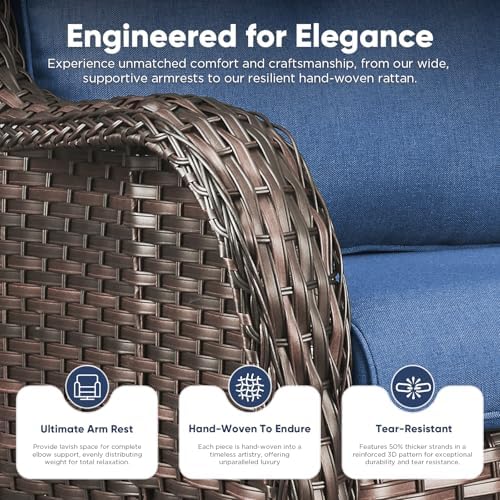 Belord 8 Piece Wicker Patio Furniture Set, Outdoor Swivel Rocker Chairs Set of 4 with Ottomans and Rattan Couch, All Weather Patio Conversation Furniture Set, for Pool,Yard Brown Wicker/Blue