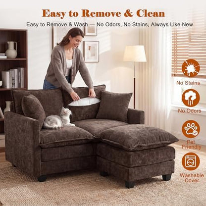 50'' Loveseat Sofa Set with Ottoman, Small Couch Set 2 Piece Cloud Love Seat 27" Deep Seat Washable Pillows Couches for Small Spaces Apartment Living Room, Brown