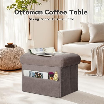 Small Ottoman with Storage, Fur Ottoman Foot Rest with Side Pocket, Gray