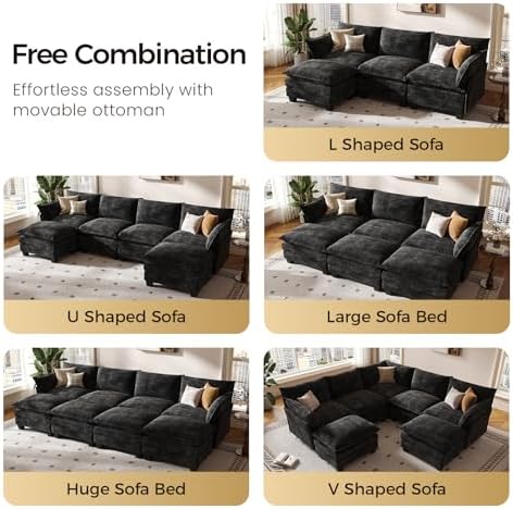 KKL Modular Sectional Sofa, L-Shaped 4 Seater Cloud Couch with Ottoman, Chenille Modern Sectional Couches for Living Room, Apartment, Black