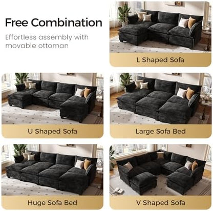 KKL Modular Sectional Sofa, L-Shaped 4 Seater Cloud Couch with Ottoman, Chenille Modern Sectional Couches for Living Room, Apartment, Black