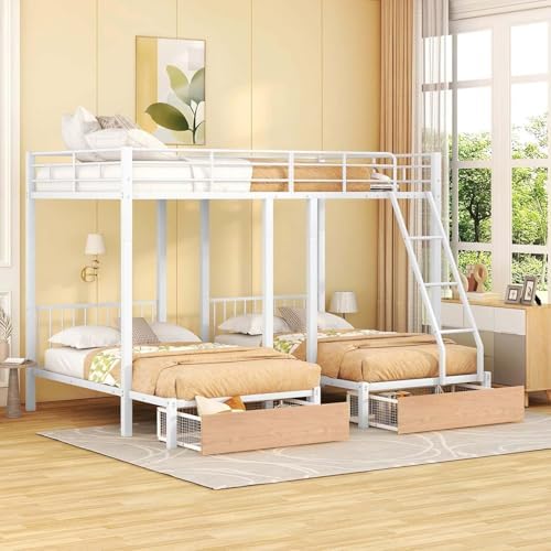 MERITLINE Detachable Full Over Twin & Twin Bunk Bed with Storage and Ladder,Metal Triple Bunk Bed with Drawers and Guardrails,Space-Noise Free, No Box Spring Needed (White)