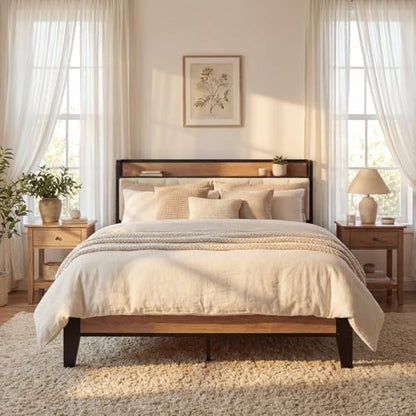 LIKIMIO Full Size Bed Frame with Storage Headboard and Charging Station