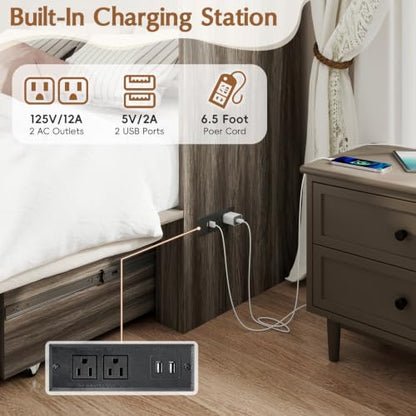 Hlivelood Queen Size Farmhouse Murphy Bed with Drawer&Charging Station,Grey