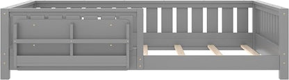 Bellemave Queen Size Floor Bed with high Rails and with Built-in Bookshelf for Kids, Girls, Boys, Wood Montessori Floor Bed Without Door, Gray