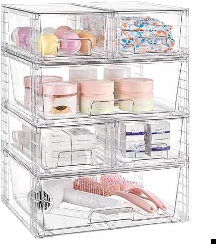 Vtopmart Clear Stackable Storage Drawers, 6 Pack Wide Organizer Set