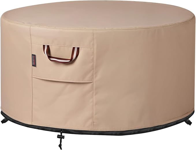 QH.HOME Fire Pit Cover Round-25-28 Inch Heavy Duty 900D Strong Tear-Resistant and UV Resistant and Waterproof and Fading Resistant Material Polyester Firepit Covers Round for Outdoor Fire Pit-Wheat