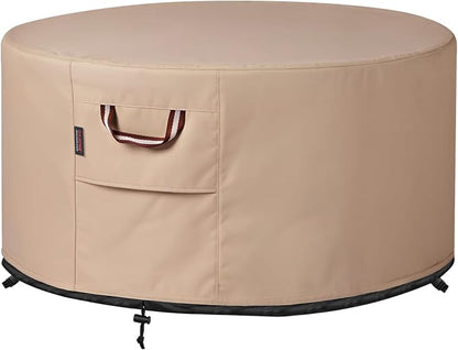 QH.HOME Fire Pit Cover Round-25-28 Inch Heavy Duty 900D Strong Tear-Resistant and UV Resistant and Waterproof and Fading Resistant Material Polyester Firepit Covers Round for Outdoor Fire Pit-Wheat