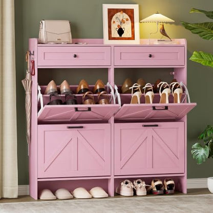 BORNOON Shoe Storage Cabinet for Entryway, Farmhouse Wide Shoe Cabinet with 4 Flip Drawers and 2 Top Drawers, Freestanding Organizer with Adjustable Shelves, Hooks, and Anti-Tip Kit for Hallway
