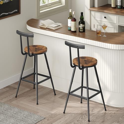 MAHANCRIS Bar Stools, Set of 2 Bar Chairs with Backrest and Footrest, 26" Tall Counter Stools, Metal Frame, Adjustable Feet, Easy Assembly, for Kitchen, Living Room, Pub, Rustic Brown BAHR6001