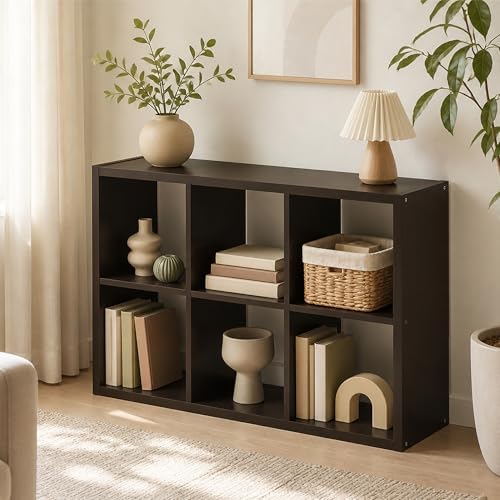 6-Cube Cubicle Bookshelf, Cube Bookcase with Open Back, Reversible Book Shelf, Cube Storage Organizer, 15 x 44 x 30, for Living Room, Home Office, Dark Oak