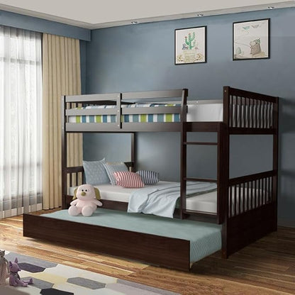 NAFORT Twin Over Twin Bunk Bed with Trundle, Solid Wood Bed Frame with Ladder & Safety Guardrails, Space Saving Bunk Bed for Kids Teens Adults Guest Room, Convertible Design, Espresso