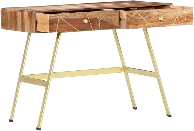 vidaXL Writing Desk, Computer Desk with Storage Drawers, Console Table with Steel Legs for Living Room Hallway, Modern Style, Solid Acacia Wood