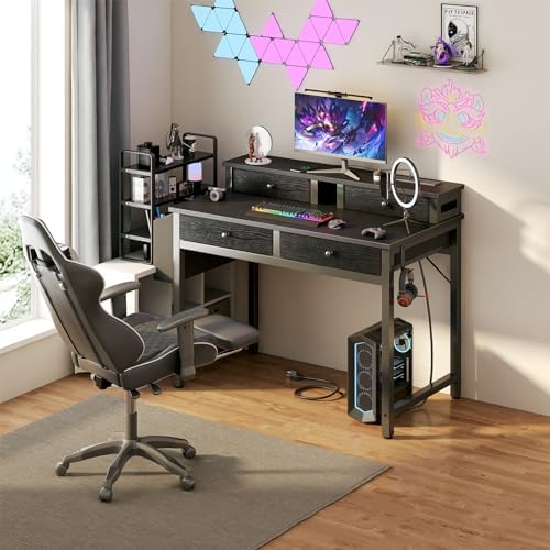 Lufeiya Small Desk with Drawers for Home Office Bedroom, 31 inch Black Writing Study Desks with Fabric Drawers Storage, Gaming Desk Table with Power Outlet & Monitor Stand, Black